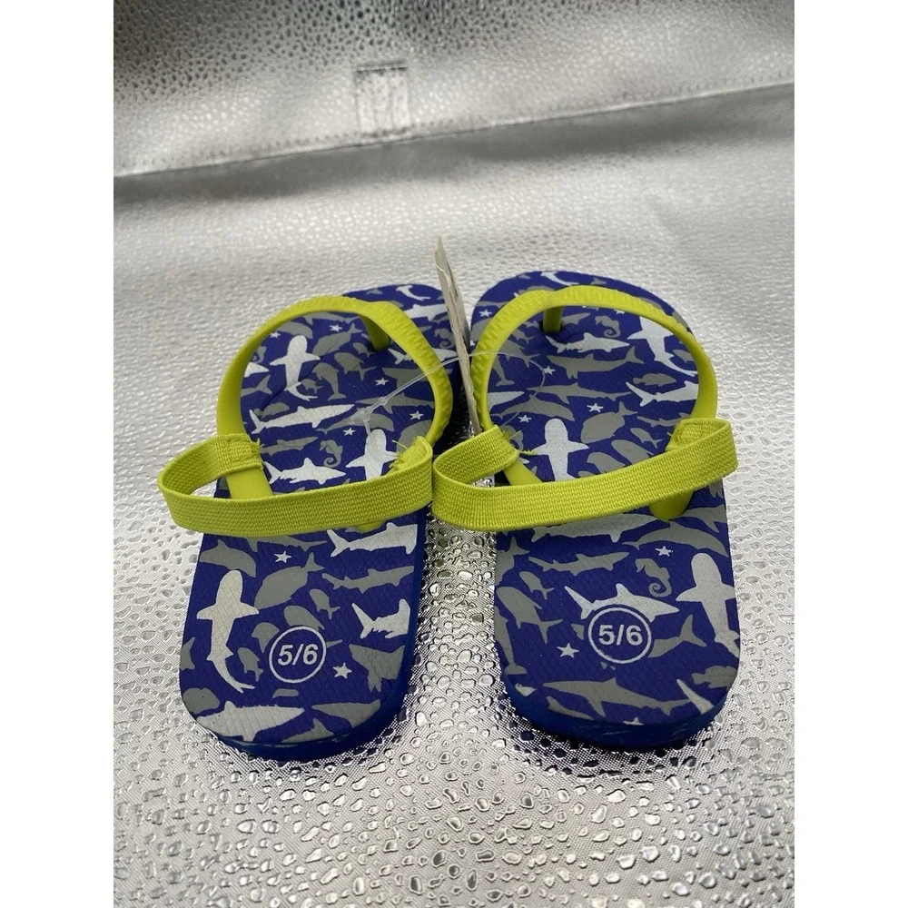 Shark Print‎ Kids Blue Yellow Flip Flop Sandals Adjustable Strap Size 5/6
